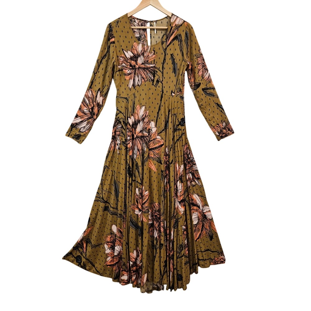Free People First Kiss Floral Maxi Dress Small Long Sleeve Boho Goldenrod Multi - Picture 3 of 16